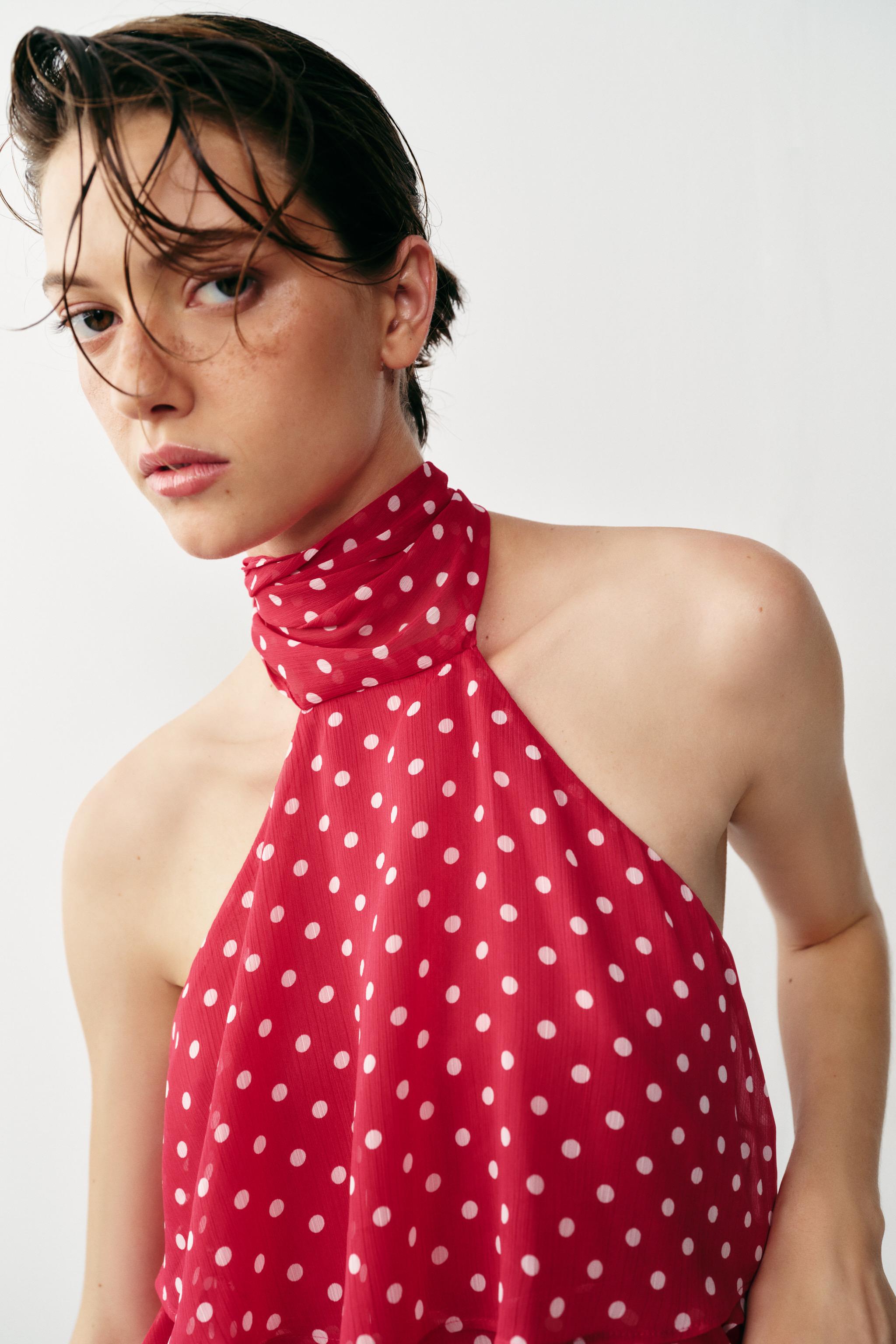 RUFFLED POLKA DOT HALTER TOP
